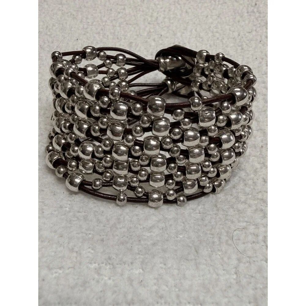Boho Artisan Multi Strand Silver Plated Beaded Leather Cuff Bracelet Large 7.5